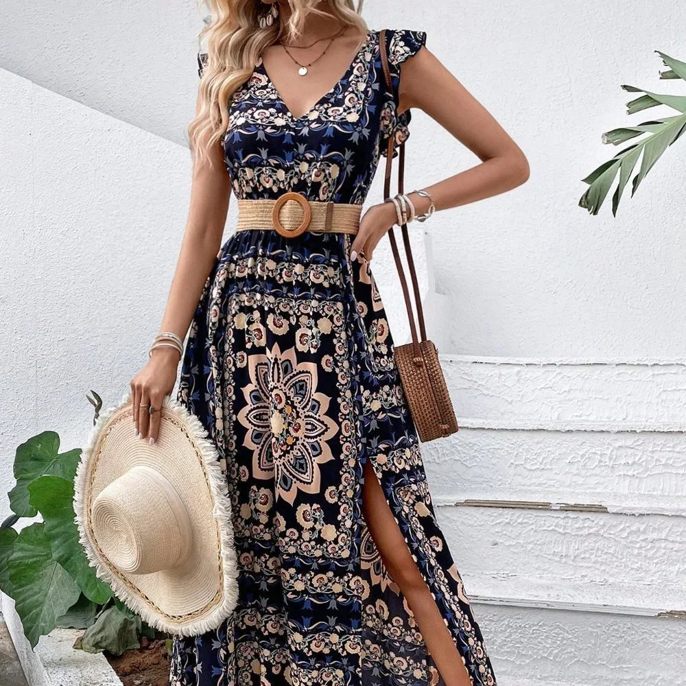 Navy Blue Casual Womens Scarf Print Ruffle Trim Split Thigh Dress Without Belt - Picture 2 of 6
